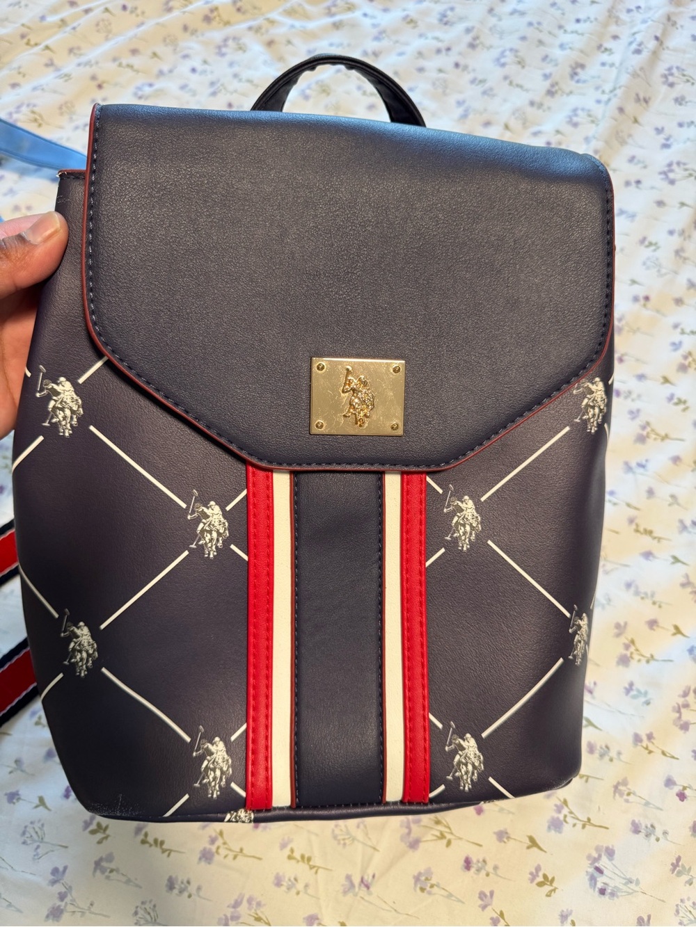 U.S. Polo Assn. Navy Red White Logo Stripe Mini Backpack
